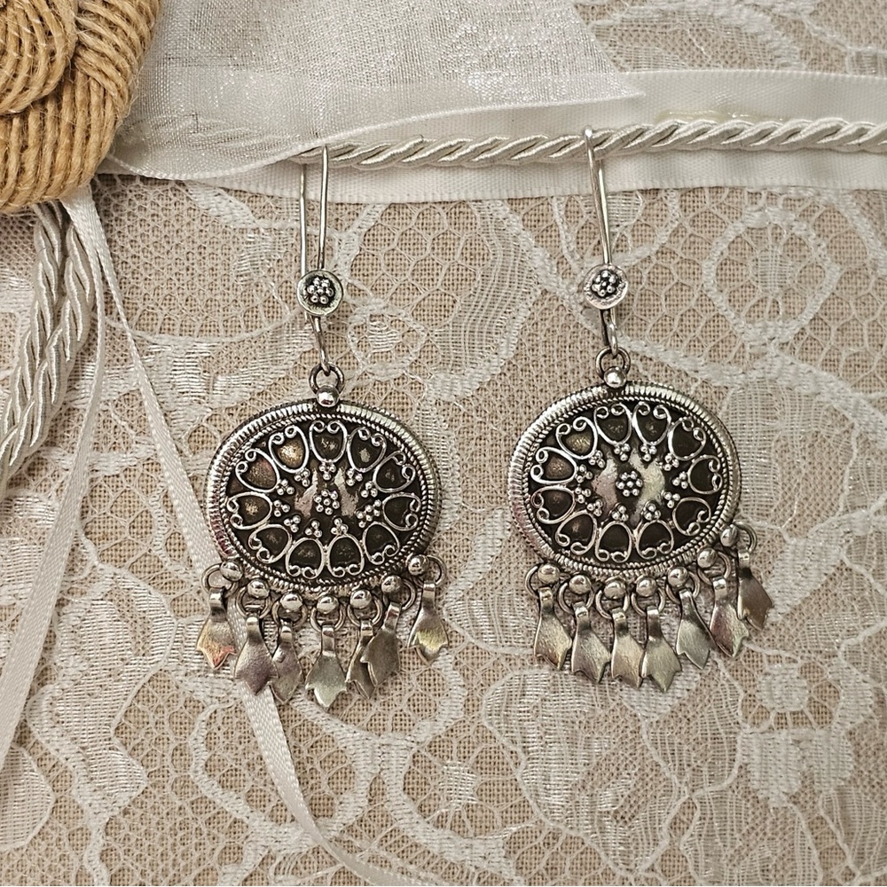 Sterling 925 Silver Boho Vintage Filigree Cha Cha Earrings - Picture 3 of 9